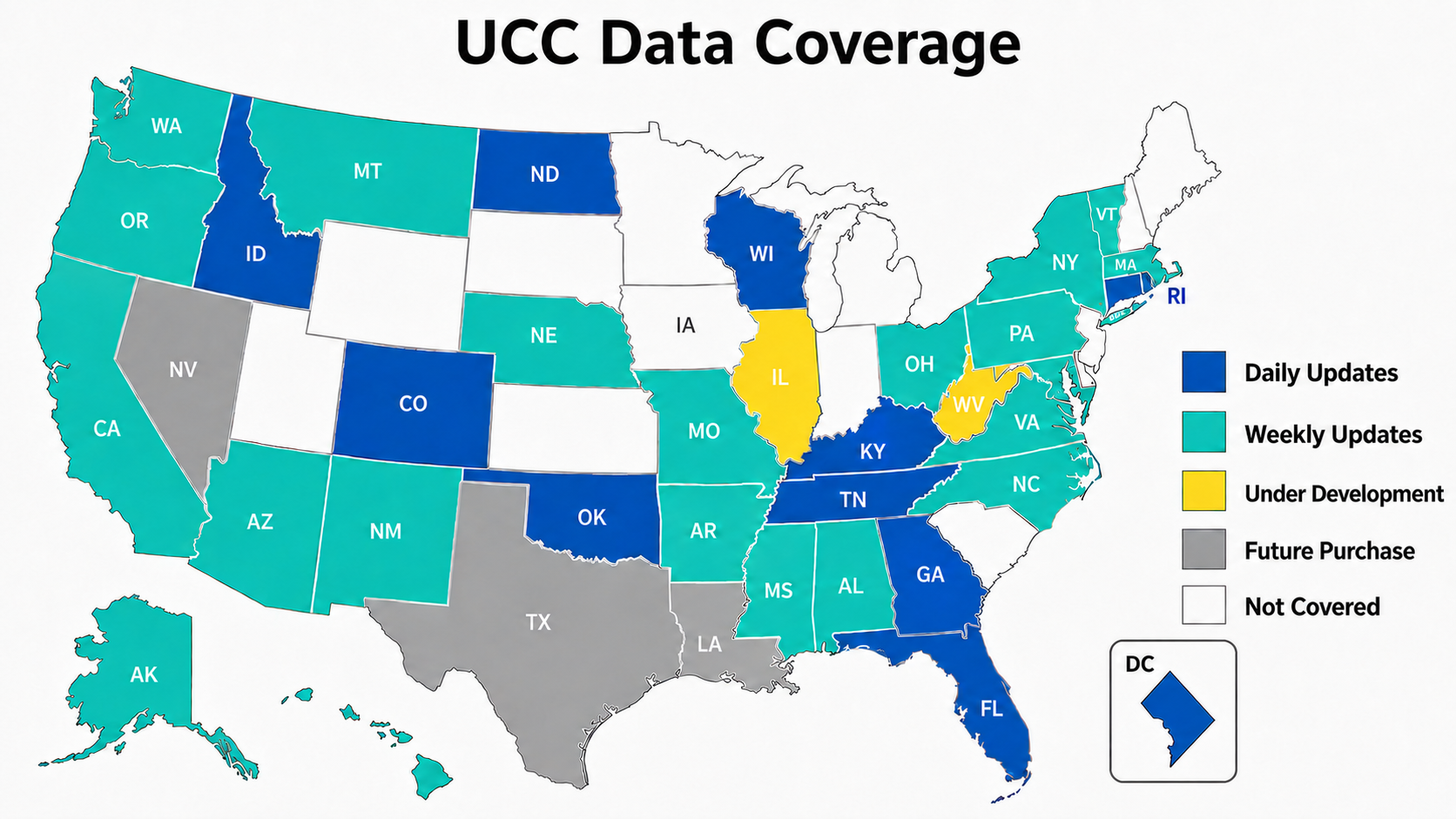 UCCContacts coverage map showing daily, weekly, in-development, future, and uncovered states